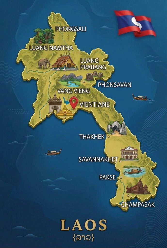 Carte illustrée du Laos avec Vientiane, Luang Prabang, Vang Vieng, Champasak